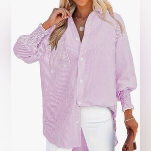 LEMAFER Pink White Pin Stripe Smocked Cuffed Boyfriend Shirt Sz. M. NWT